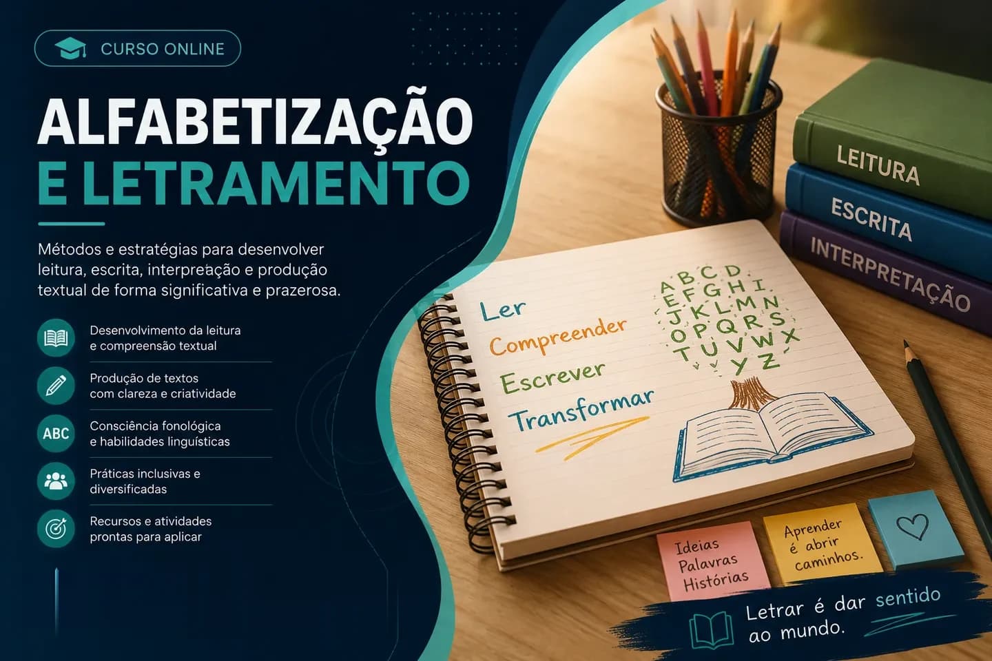 Arte de divulgação do curso on-line de Alfabetização e Letramento do Professor Igor Santos