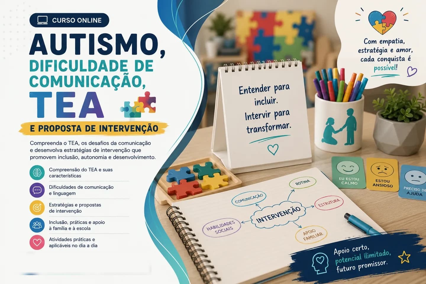 Arte de divulgação do curso on-line de Autismo, Dificuldade de Comunicação, TEA e Proposta de Intervenção do Professor Igor Santos