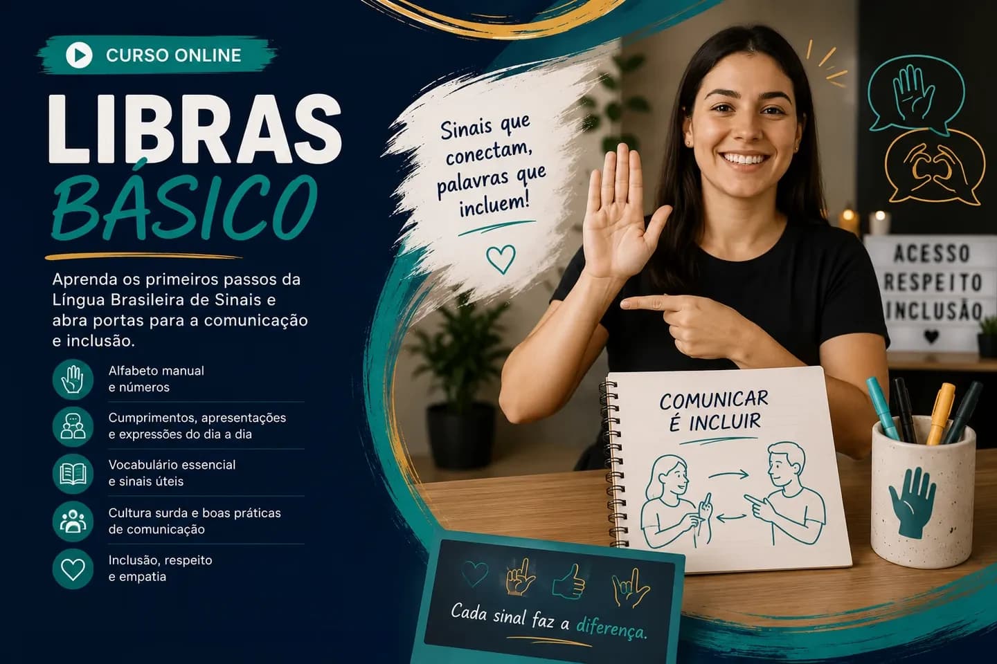 Arte de divulgação do curso on-line de Libras Básico do Professor Igor Santos