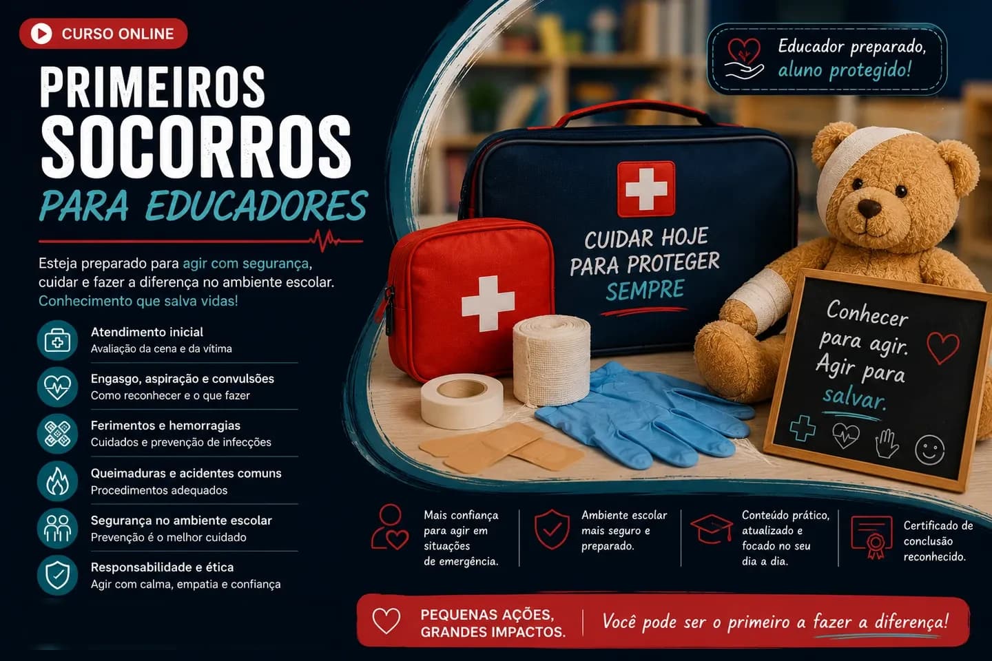 Arte de divulgação do curso on-line de Primeiros Socorros para Educadores do Professor Igor Santos